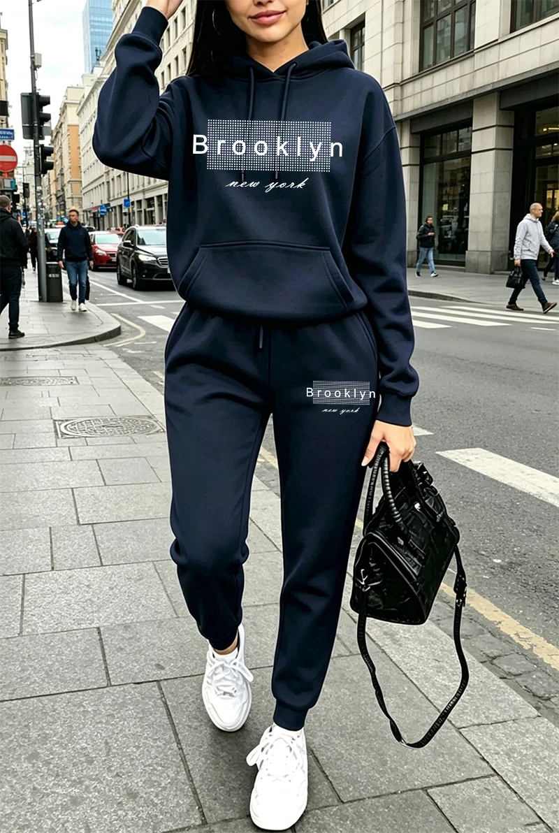 Winter Clothing For - Kadın Eşofman Takımı Baskılı Günlük Kapüşonlu